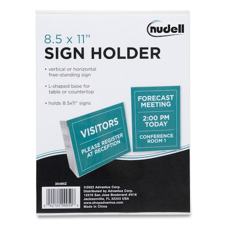 Nudell Clear Plastic Slanted L-Shaped Countertop Sign Holder, Side-Load, Horizontal/Vertical, 8.5x11 Insert 35485Z